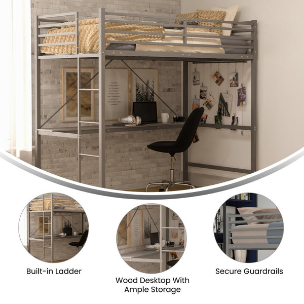 English Elm Jake Loft Bed Frame with Desk - Space-Saving Elevated Sleeping and Study Solution for Kids & Teens Gray Twin TLN-YH0226-T-GRY-GG