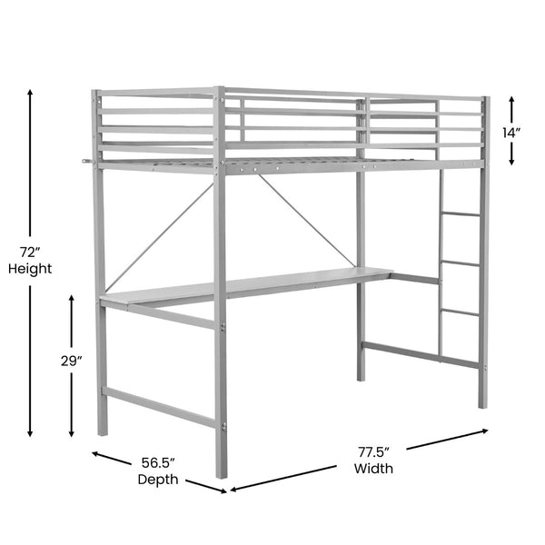 English Elm Jake Loft Bed Frame with Desk - Space-Saving Elevated Sleeping and Study Solution for Kids & Teens Gray Twin TLN-YH0226-T-GRY-GG
