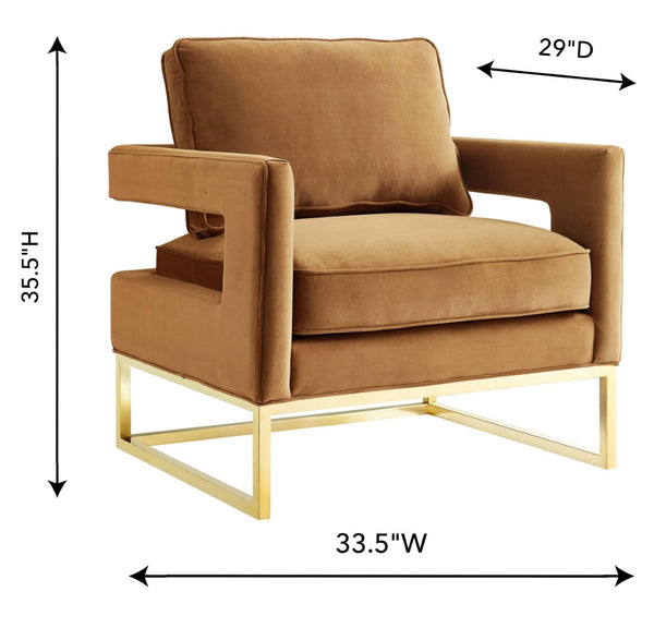 TOV Furniture Avery Velvet Accent Chair - Modern Luxury with Gold Legs, Plush Comfort for Any Stylish Space Cognac TOV-A128