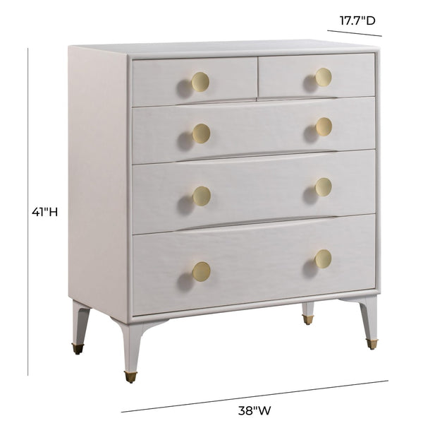TOV Furniture Divine 38" White 5-Drawer Chest with Glamorous Brass Accents for Elegant Storage in Any Space TOV-B44016