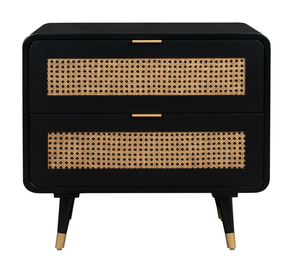 TOV Furniture Christine 27" Black Nightstand with 2 Drawers - Mid-Century Elegance, Cane Webbing & Brass Legs TOV-B44063
