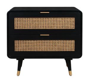 TOV Furniture Christine 27" Black Nightstand with 2 Drawers - Mid-Century Elegance, Cane Webbing & Brass Legs TOV-B44063