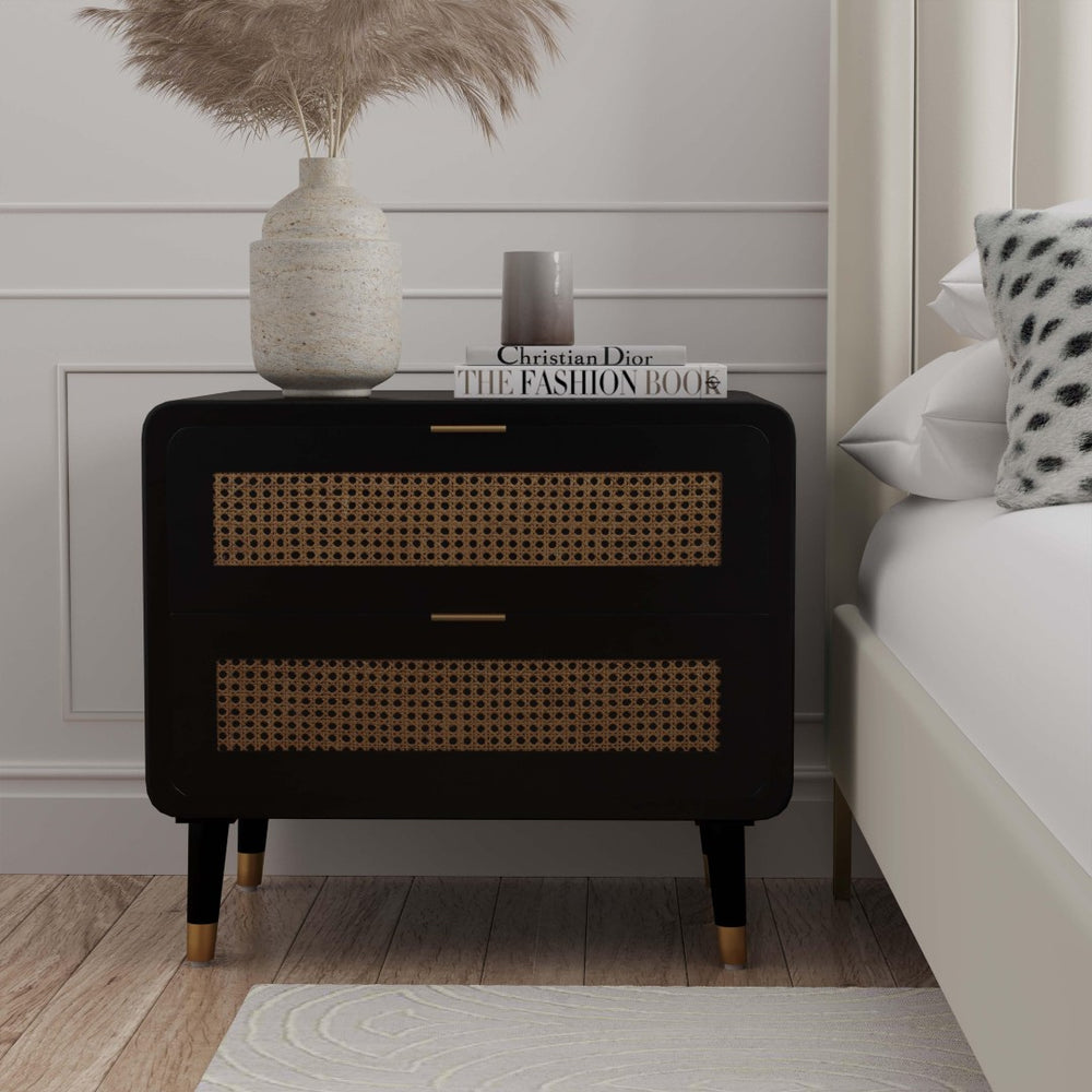 TOV Furniture Christine 27" Black Nightstand with 2 Drawers - Mid-Century Elegance, Cane Webbing & Brass Legs TOV-B44063