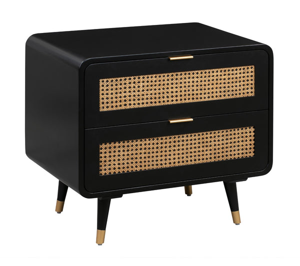 TOV Furniture Christine 27" Black Nightstand with 2 Drawers - Mid-Century Elegance, Cane Webbing & Brass Legs TOV-B44063