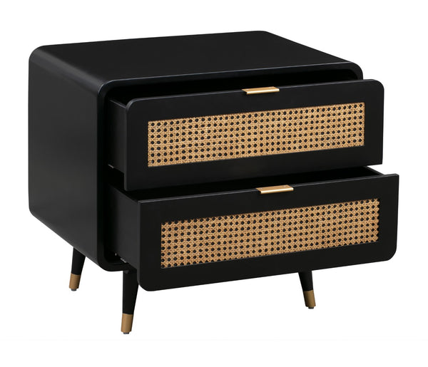 TOV Furniture Christine 27" Black Nightstand with 2 Drawers - Mid-Century Elegance, Cane Webbing & Brass Legs TOV-B44063