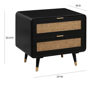 TOV Furniture Christine 27" Black Nightstand with 2 Drawers - Mid-Century Elegance, Cane Webbing & Brass Legs TOV-B44063