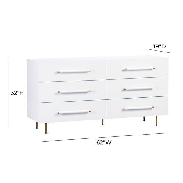 TOV Furniture Trident 62" 6-Drawer Dresser - Modern Minimalist Design with Brass Accents & Soft-Close Storage Drawers White TOV-B44095