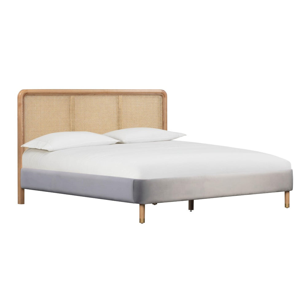 TOV Furniture Kavali Velvet and Cane Bed – Retro Elegance Meets Modern Comfort for a Stylish Bedroom Retreat Grey / Full TOV-B44122