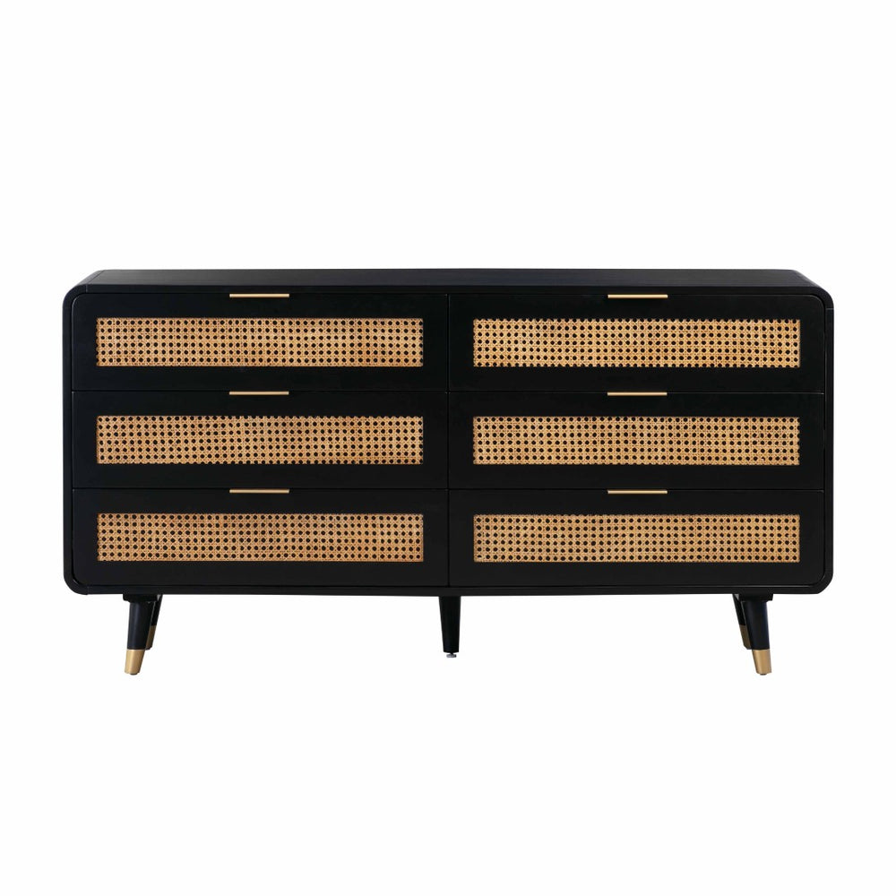 TOV Furniture Christine 62" Black 6-Drawer Dresser – Mid-Century Charm with Cane Accents & Soft-Close Drawers TOV-B44133