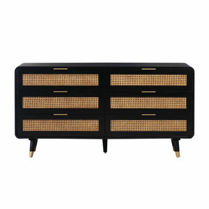 TOV Furniture Christine 62" Black 6-Drawer Dresser – Mid-Century Charm with Cane Accents & Soft-Close Drawers TOV-B44133