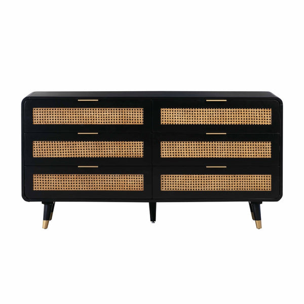 TOV Furniture Christine 62" Black 6-Drawer Dresser – Mid-Century Charm with Cane Accents & Soft-Close Drawers TOV-B44133