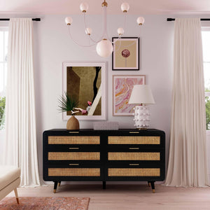 TOV Furniture Christine 62" Black 6-Drawer Dresser – Mid-Century Charm with Cane Accents & Soft-Close Drawers TOV-B44133