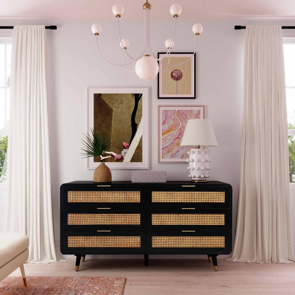 TOV Furniture Christine 62" Black 6-Drawer Dresser – Mid-Century Charm with Cane Accents & Soft-Close Drawers TOV-B44133