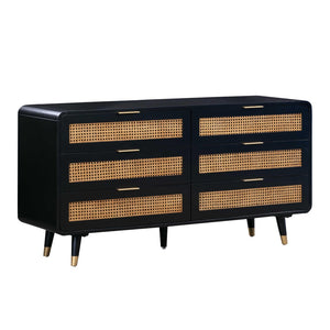 TOV Furniture Christine 62" Black 6-Drawer Dresser – Mid-Century Charm with Cane Accents & Soft-Close Drawers TOV-B44133