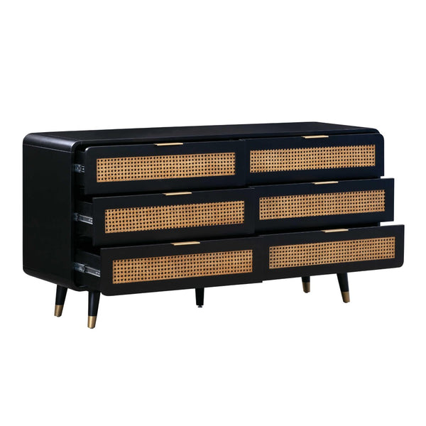 TOV Furniture Christine 62" Black 6-Drawer Dresser – Mid-Century Charm with Cane Accents & Soft-Close Drawers TOV-B44133