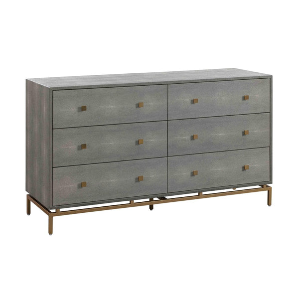 TOV Furniture Pesce 57" Artisan Shagreen Dresser with 6 Drawers, Brass Accents, and Felt-Lined Interiors for Elegance Grey TOV-B44147