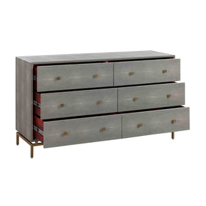 TOV Furniture Pesce 57" Artisan Shagreen Dresser with 6 Drawers, Brass Accents, and Felt-Lined Interiors for Elegance Grey TOV-B44147