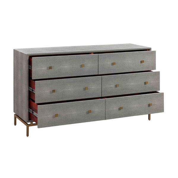 TOV Furniture Pesce 57" Artisan Shagreen Dresser with 6 Drawers, Brass Accents, and Felt-Lined Interiors for Elegance Grey TOV-B44147