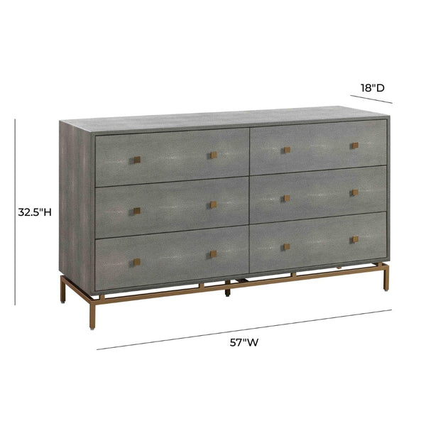 TOV Furniture Pesce 57" Artisan Shagreen Dresser with 6 Drawers, Brass Accents, and Felt-Lined Interiors for Elegance Grey TOV-B44147
