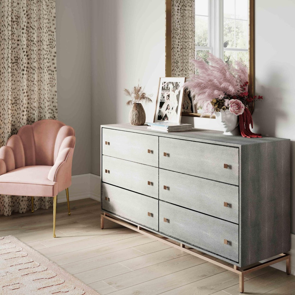 TOV Furniture Pesce 57" Artisan Shagreen Dresser with 6 Drawers, Brass Accents, and Felt-Lined Interiors for Elegance Grey TOV-B44147