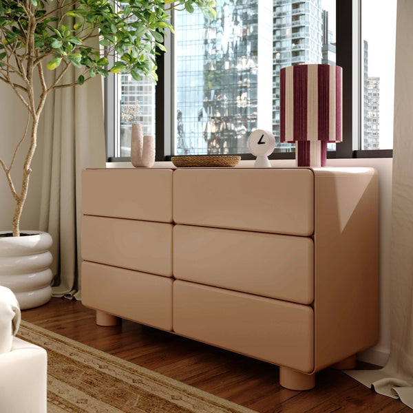 TOV Furniture Tammy 56" Chic 6-Drawer Dresser with Push-to-Open Drawers and Elegant Curved Design for Modern Spaces Taupe TOV-B54339
