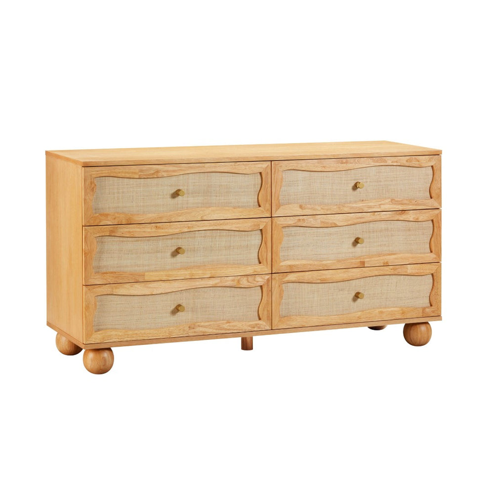 TOV Furniture Grappa Coastal-Inspired 62" Wavy Dresser with 6 Soft-Close Drawers & Natural Raffia Finish TOV-B54345