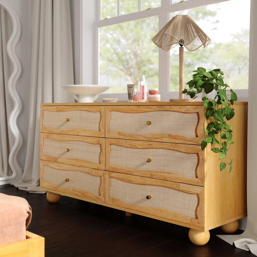 TOV Furniture Grappa Coastal-Inspired 62" Wavy Dresser with 6 Soft-Close Drawers & Natural Raffia Finish TOV-B54345