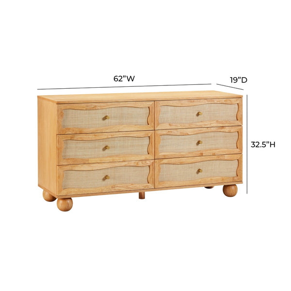 TOV Furniture Grappa Coastal-Inspired 62" Wavy Dresser with 6 Soft-Close Drawers & Natural Raffia Finish TOV-B54345