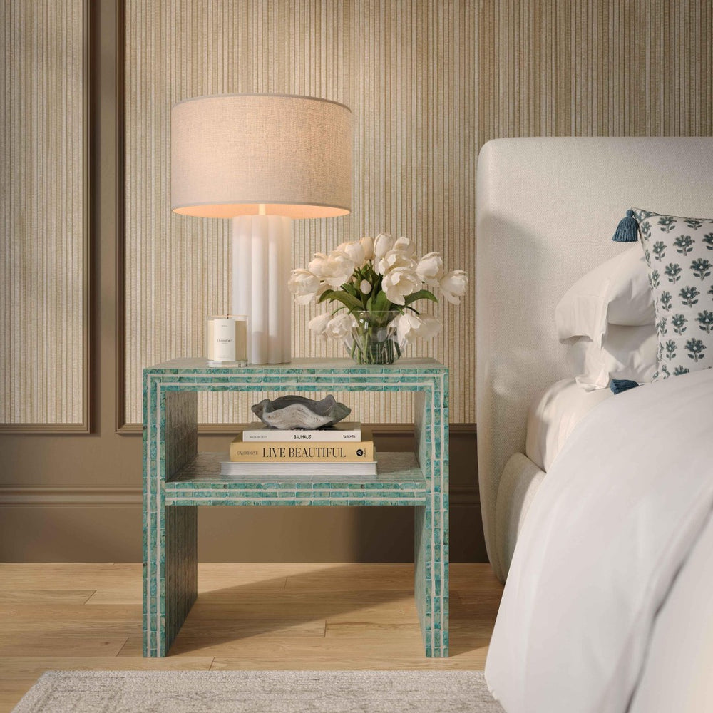 TOV Furniture Derry Artisan-Crafted Capiz Shell Nightstand – Coastal Elegance for Small Spaces and Storage Solutions Blue TOV-B54432