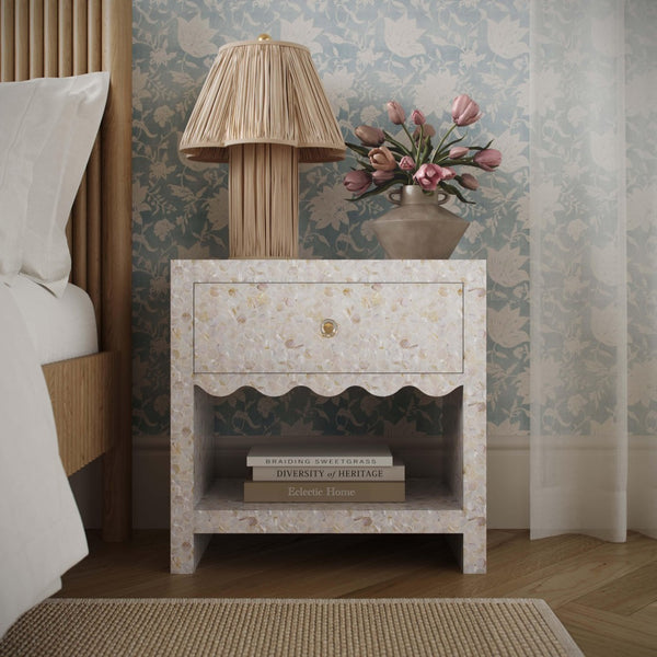 TOV Furniture Piara 22" Handcrafted Mother of Pearl Inlaid Nightstand for Elegant Bedroom Storage & Style TOV-B54464