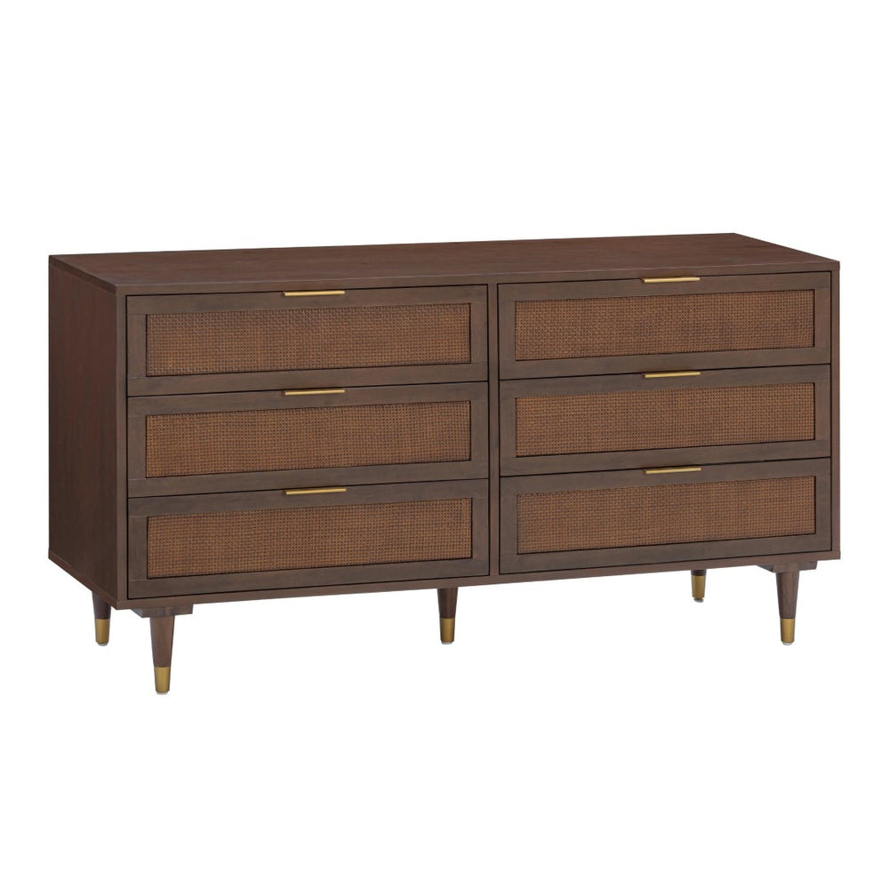 TOV Furniture Sierra 60" Cane 6-Drawer Dresser - Modern-Boho Storage Solution with Elegant Brass Accents & Warm Wood Dark Brown TOV-B54553