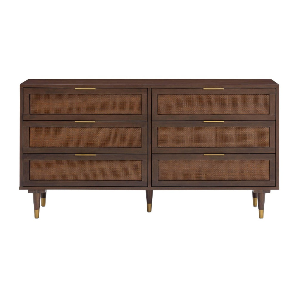 TOV Furniture Sierra 60" Cane 6-Drawer Dresser - Modern-Boho Storage Solution with Elegant Brass Accents & Warm Wood Dark Brown TOV-B54553