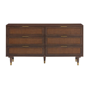 TOV Furniture Sierra 60" Cane 6-Drawer Dresser - Modern-Boho Storage Solution with Elegant Brass Accents & Warm Wood Dark Brown TOV-B54553