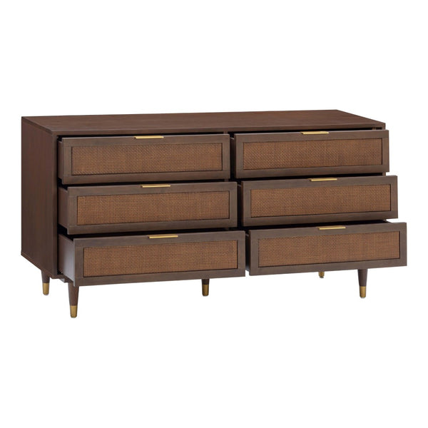 TOV Furniture Sierra 60" Cane 6-Drawer Dresser - Modern-Boho Storage Solution with Elegant Brass Accents & Warm Wood Dark Brown TOV-B54553