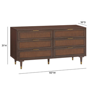 TOV Furniture Sierra 60" Cane 6-Drawer Dresser - Modern-Boho Storage Solution with Elegant Brass Accents & Warm Wood Dark Brown TOV-B54553