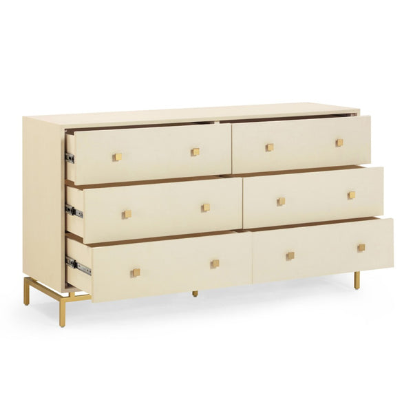 TOV Furniture Pesce 57" Artisan Shagreen Dresser with 6 Drawers, Brass Accents, and Felt-Lined Interiors for Elegance Cream TOV-B54726