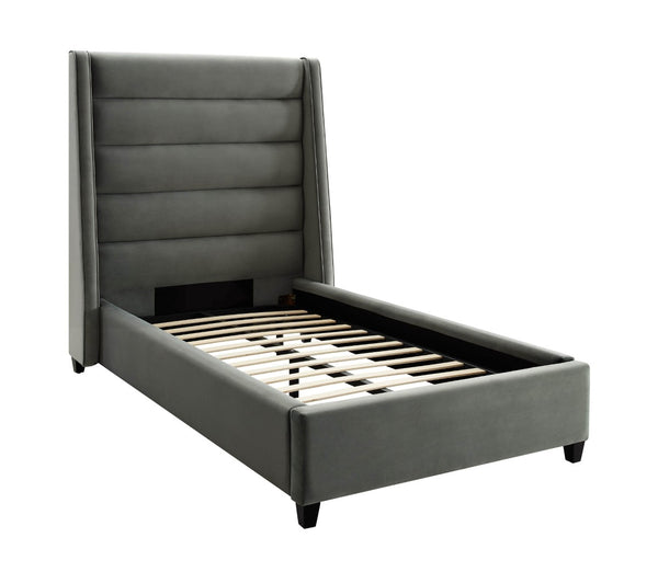 TOV Furniture Koah Velvet Bed - Modern Channel-Tufted Elegance with Solid Wood Frame for Luxurious Bedroom Style Grey / Twin TOV-B6331