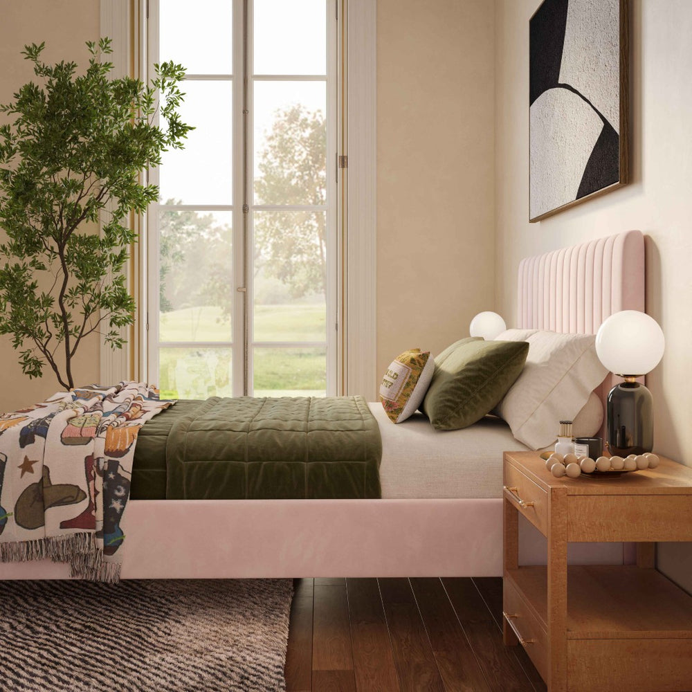 TOV Furniture Angela Velvet Bed – Luxurious Upholstered Centerpiece with Channel Tufting and Gold Legs for Glam Style Blush / Full TOV-B68161