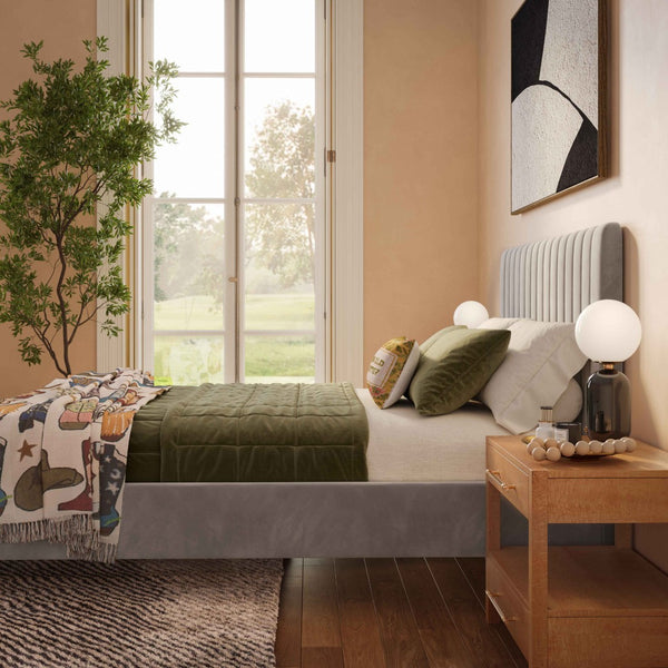 TOV Furniture Angela Velvet Bed – Luxurious Upholstered Centerpiece with Channel Tufting and Gold Legs for Glam Style Grey / King TOV-B6374