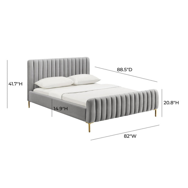 TOV Furniture Angela Velvet Bed – Luxurious Upholstered Centerpiece with Channel Tufting and Gold Legs for Glam Style Grey / King TOV-B6374
