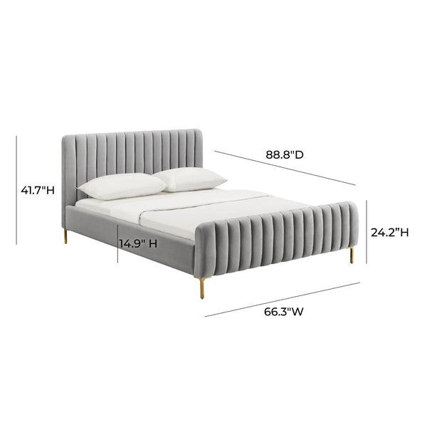TOV Furniture Angela Velvet Bed – Luxurious Upholstered Centerpiece with Channel Tufting and Gold Legs for Glam Style Grey / Queen TOV-B6375