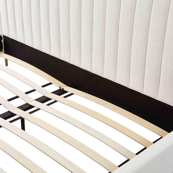 Tov Furniture Angela Glamorous Upcycled Linen King Bed With Channel Tufting And Chic Gold Legs For Stylish Dreams Natural Mdf,Recycled Fabric,Stainless Steel Tov-b69254