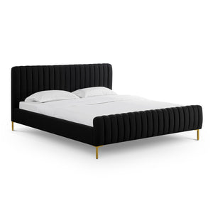 Tov Furniture Angela Glamorous Upcycled Linen King Bed With Channel Tufting And Chic Gold Legs For Stylish Dreams Black Mdf,Recycled Fabric,Stainless Steel Tov-b69255
