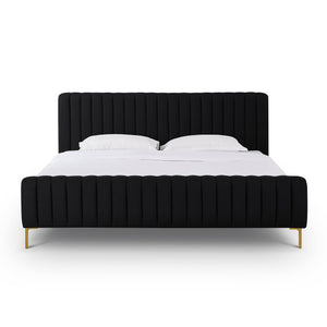 Tov Furniture Angela Glamorous Upcycled Linen King Bed With Channel Tufting And Chic Gold Legs For Stylish Dreams Black Mdf,Recycled Fabric,Stainless Steel Tov-b69255