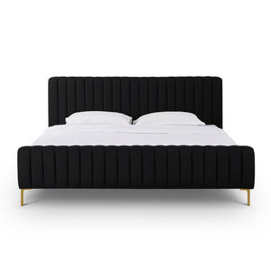 TOV Furniture Angela Upcycled Linen Bed – Luxurious Eco-Conscious Design with Channel-Tufted Headboard & Gold Legs Black / King TOV-B69255