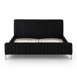 Tov Furniture Angela Glamorous Upcycled Linen King Bed With Channel Tufting And Chic Gold Legs For Stylish Dreams Black Mdf,Recycled Fabric,Stainless Steel Tov-b69255
