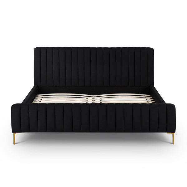 Tov Furniture Angela Glamorous Upcycled Linen King Bed With Channel Tufting And Chic Gold Legs For Stylish Dreams Black Mdf,Recycled Fabric,Stainless Steel Tov-b69255
