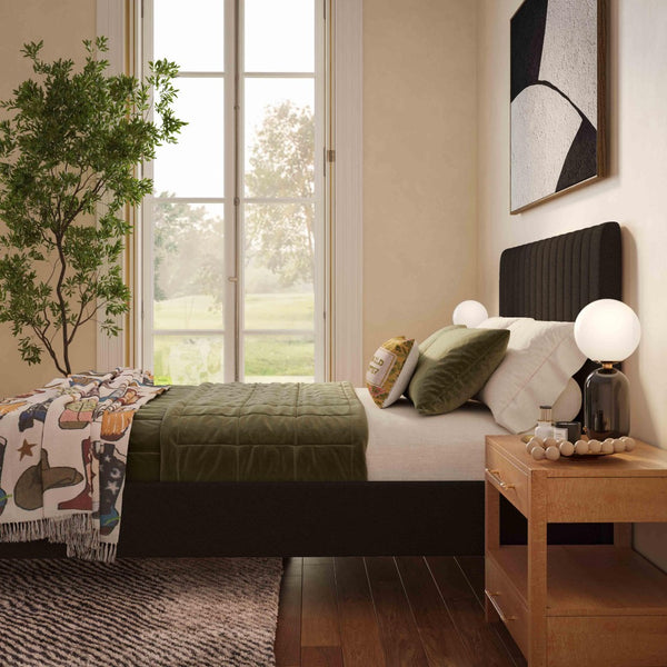 TOV Furniture Angela Upcycled Linen Bed – Luxurious Eco-Conscious Design with Channel-Tufted Headboard & Gold Legs Black / Queen TOV-B69257