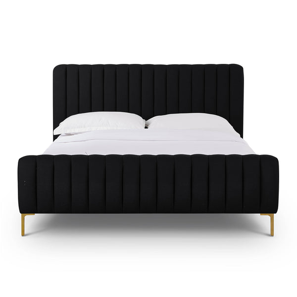 Tov Furniture Angela Glamorous Upcycled Linen King Bed With Channel Tufting And Chic Gold Legs For Stylish Dreams Black Mdf,Recycled Fabric,Stainless Steel Tov-b69257