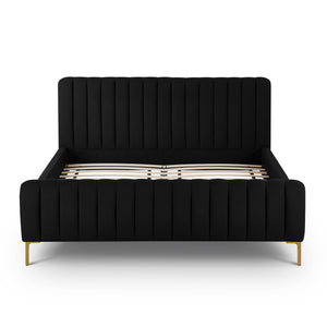 Tov Furniture Angela Glamorous Upcycled Linen King Bed With Channel Tufting And Chic Gold Legs For Stylish Dreams Black Mdf,Recycled Fabric,Stainless Steel Tov-b69257